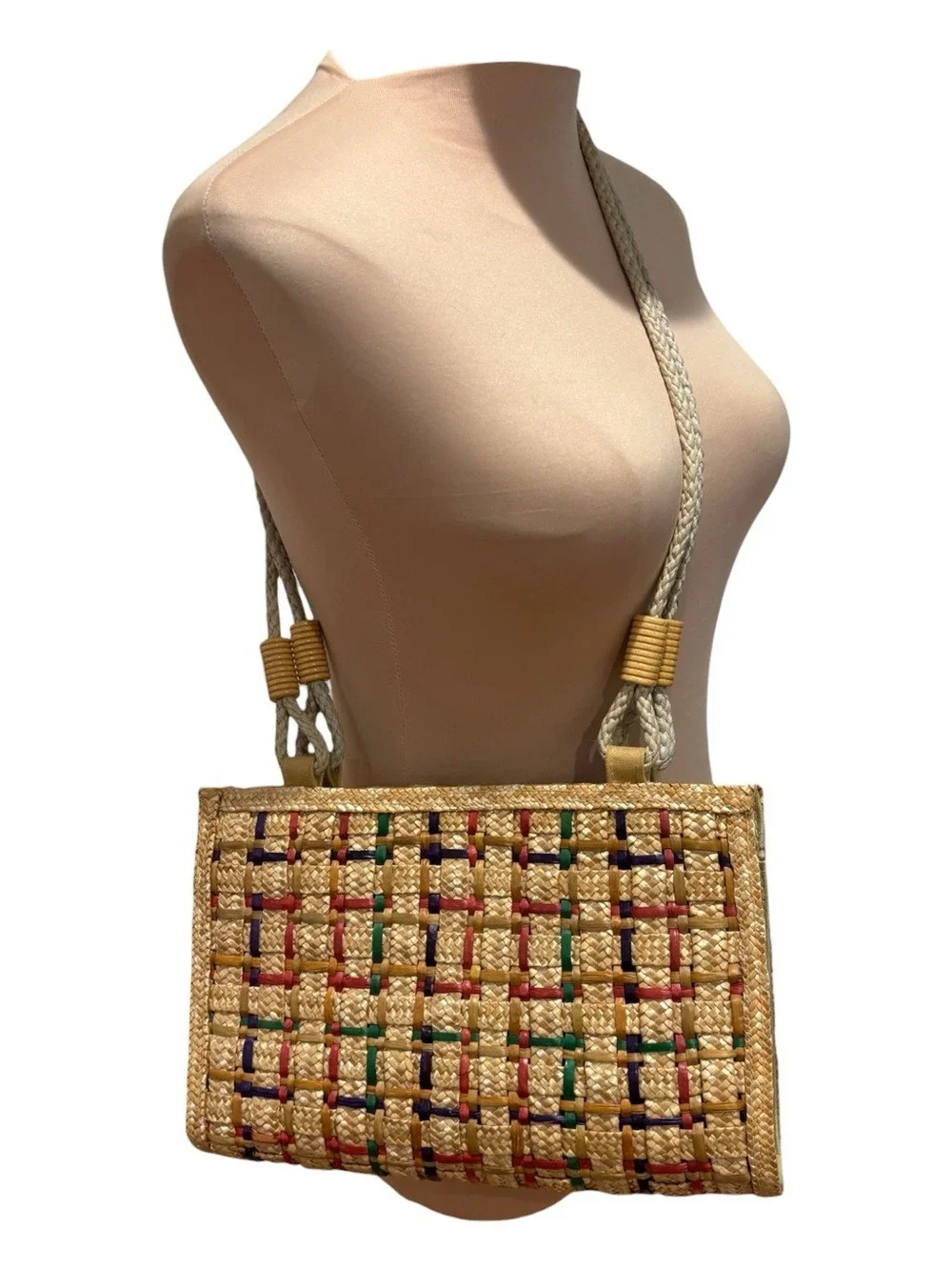 WOVEN STRAW MULTI-COLOR NEUTRAL COLOR SHOULDER BAG W BRAIDED ROPE & WOOD HANDLES